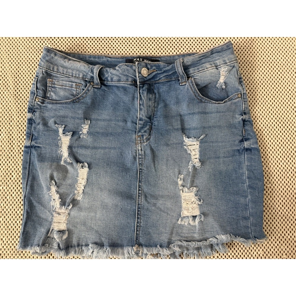 Wax Jeans Denim Mini Skirt Sz M/L 6/8 Blue Distressed Casual Rips Raw Hem Fray